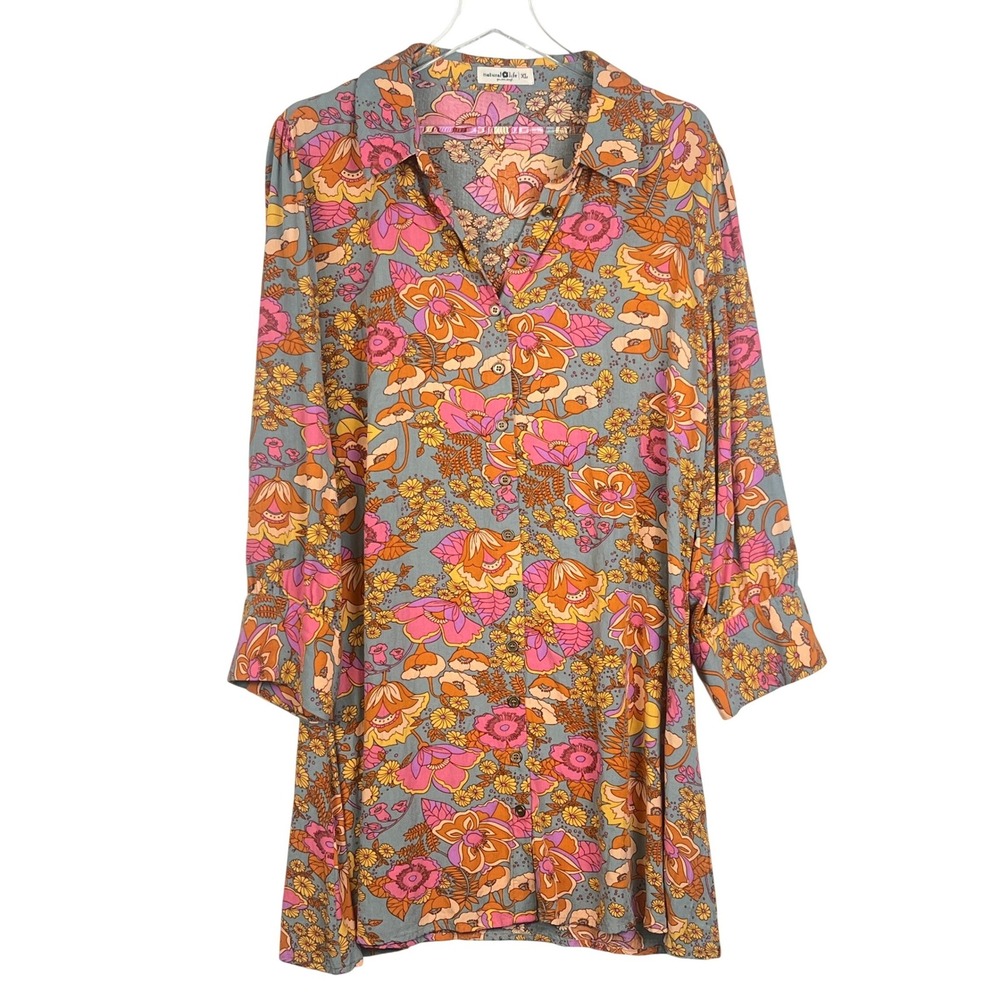 NATURAL LIFE Long Sleeve Floral Tunic Dress in Gray, Pink & Orange